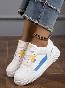 Women's Fashionable White & Blue Comfortable Lace-Up Athletic Shoes, Lightweight Sneakers - Blue and White - View 4