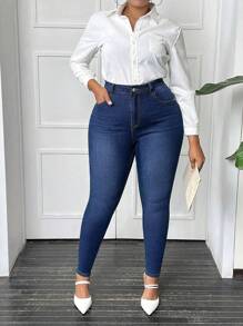 SHEIN SXY Old Money Plus Size Denim Basic Skinny Jeans - Dark Wash - View 6