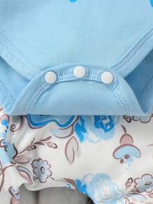 Baby Girls' Crown And Letter Print Romper With Flower Print Pants Set - Blue - View 5