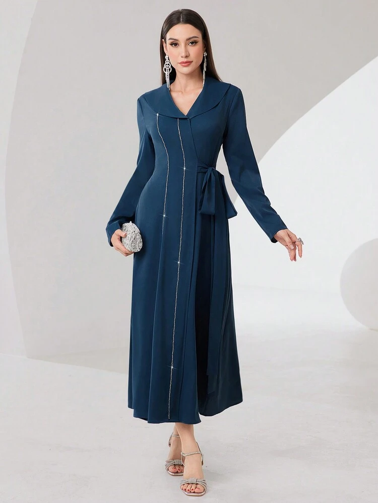 Women's Knotted Waist Long Sleeve Dress Long Evening Dresses