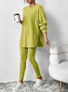 SHEIN Essnce Women Outfit Sets Black Velvet Sweatshirt Hooded Long-Sleeved Warm Tight Leggings Women's Casual Striped Hooded Top Leggings Winter - Lime Green - View 1