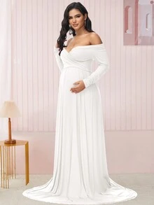 Pregnant Women Open Shoulder Extra Long Maternity Dress For Photography - White - View 7