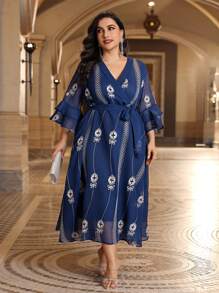 Al Najma Plus Size Embroidered Flare Sleeve Wrap Belted Dress Kaftan Jalabiya Dress - Blue - View 1
