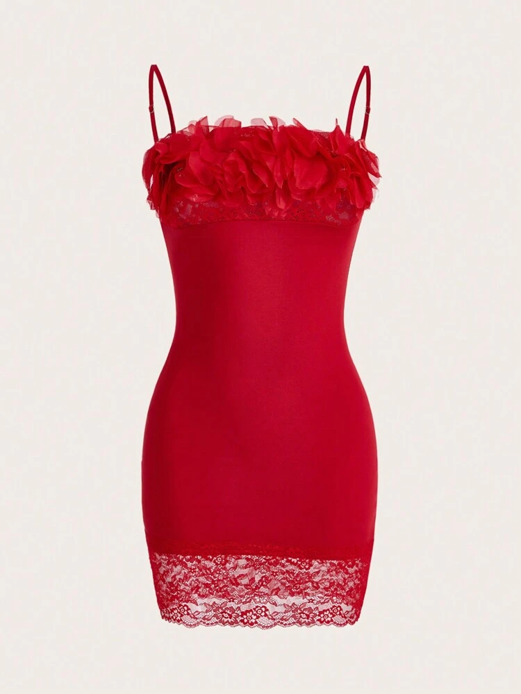 Three-Dimensional Flower Embellished Lace Hem Cami Dress