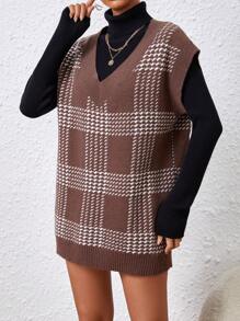 SHEIN Essnce 1 件 V 領格紋無袖毛衣背心 - 棕色 - 查看 4