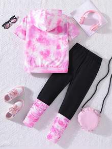 2入組青少年女孩扎染臉部圖案短袖T恤和緊身褲