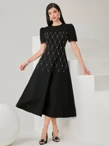 Modelyn 女式仿珍珠装饰短款泡泡袖连衣裙长款晚礼服 - 黑色 - 查看 6