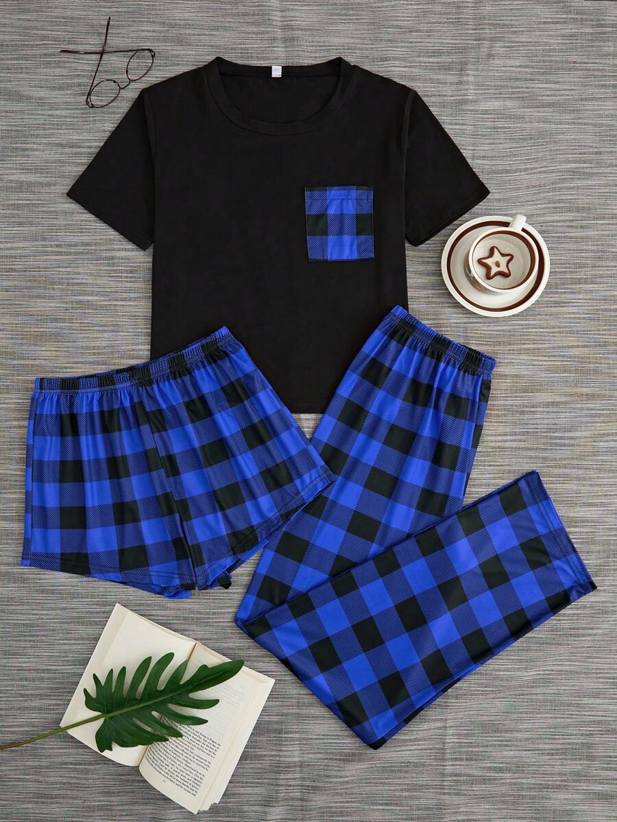 SHEIN Women's Round Neck Short Sleeve T-Shirt And Gingham Shorts & Pants Pajama Set - Blue - View 1