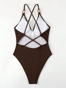 SHEIN Swim 夏日沙灘女士圓環肩帶連體泳衣音樂節泳裝 - 咖啡棕 - 查看 4