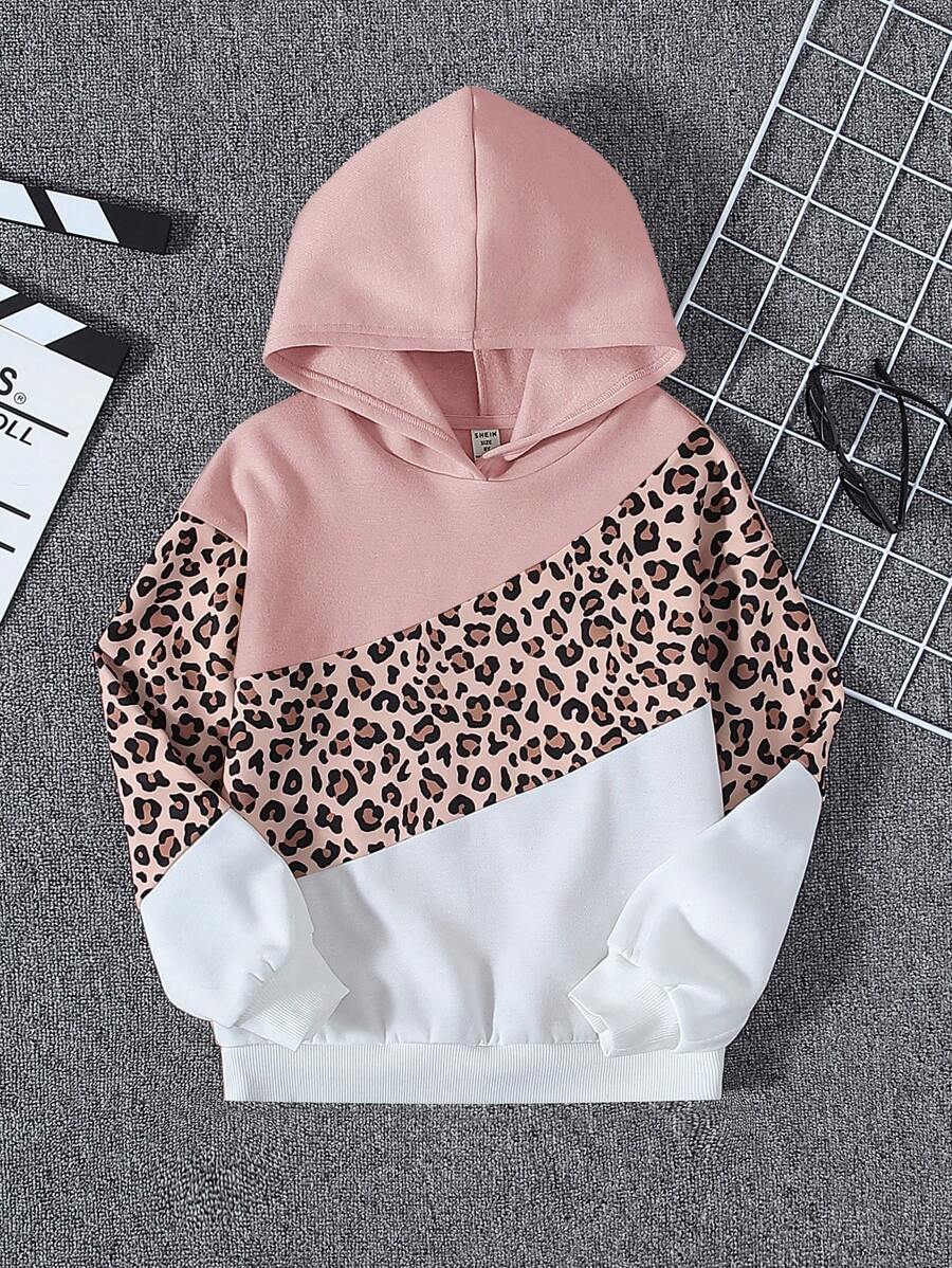 SHEIN 少女针织撞色豹纹宽松卫衣 - 淺粉色 - 查看 1