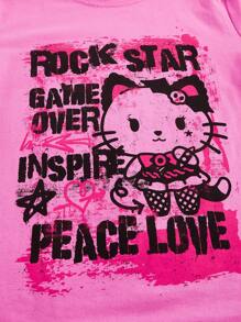 ROMWE Avant Áo thun kiểu dáng thay thế chữ & in hình động vật Slim Fit ROCK STAR GAME OVER KIỂM TRA TÌNH YÊU HÒA BÌNH - Màu Hồng Tươi - Xem 4