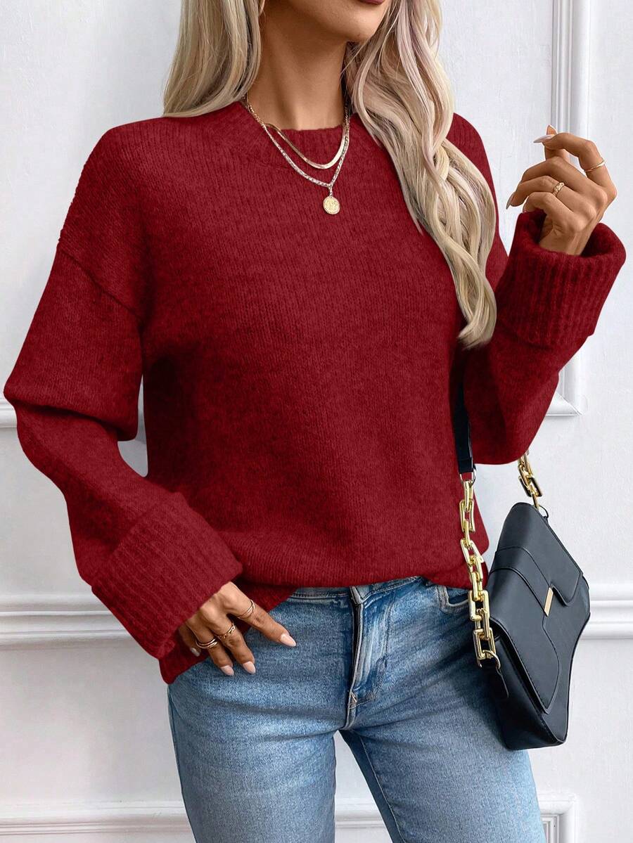 SHEIN LUNE Ladies' Solid Color Round Neck Oversized Casual Sweater With Drop Shoulder - Red - View 1