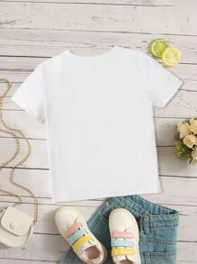 SHEIN Young Girl 1pc Pink Ombre Heart Pattern Printed Short Sleeve T-Shirt For Summer - White - View 2
