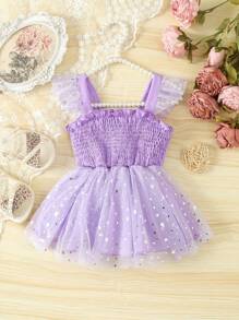 SHEIN 幼兒女孩優雅荷葉邊星形纱紗襯衫配飾帶 - 紫色 - 查看 1