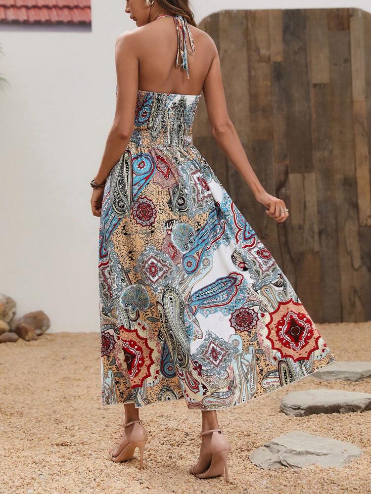 Women's Paisley Print Halter Neck Tie Waist Dress