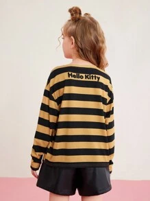 HELLO KITTY AND FRIENDS | SHEIN Tween Girl 卡通貓印花條紋 T 卹 - 黃色 - 查看 2