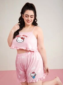 HELLO KITTY AND FRIENDS | SHEIN 女士加大碼卡通印花荷葉邊睡衣套裝,帶蕾絲飾邊 - 粉色 - 查看 5