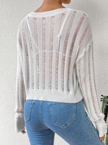 Chiquease Solid Color Hollow Out Knitted Round Neck Sweater With Drop Shoulder