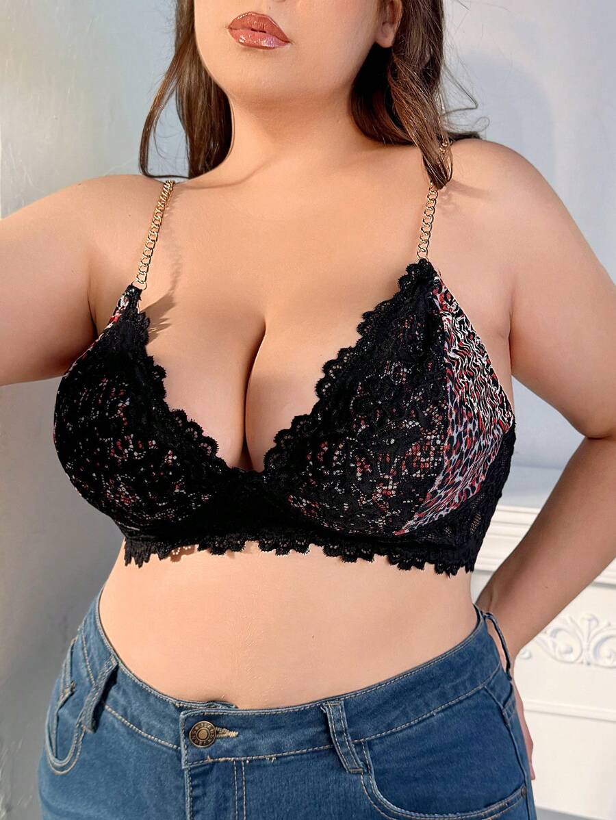 大尺碼女士花邊拼接胸衣 - 彩色 - 查看 1