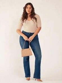 SHEIN BASICS Plus V-Neck Short Sleeve Bodysuit - Apricot - View 5