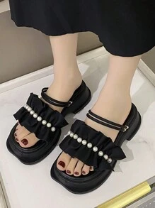 女士坡跟厚底凉鞋，饰有人造珍珠和荷叶边，平底拖鞋，女士黑色坡跟厚底凉鞋，情人节、春夏穿搭 - 黑色 - 查看 3