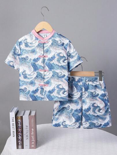 SHEIN Young Boy Casual Wave Printed Stand Collar Shirt And Shorts Chinese Style Clothes