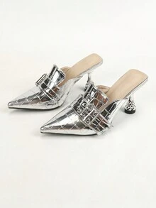 Women's Silver High Heel Mules Pointed Toe Formal Dress Shoes, Comfortable & Fashionable, Perfect For Work, Party & Evening Event, Plus Size - Silver - View 7