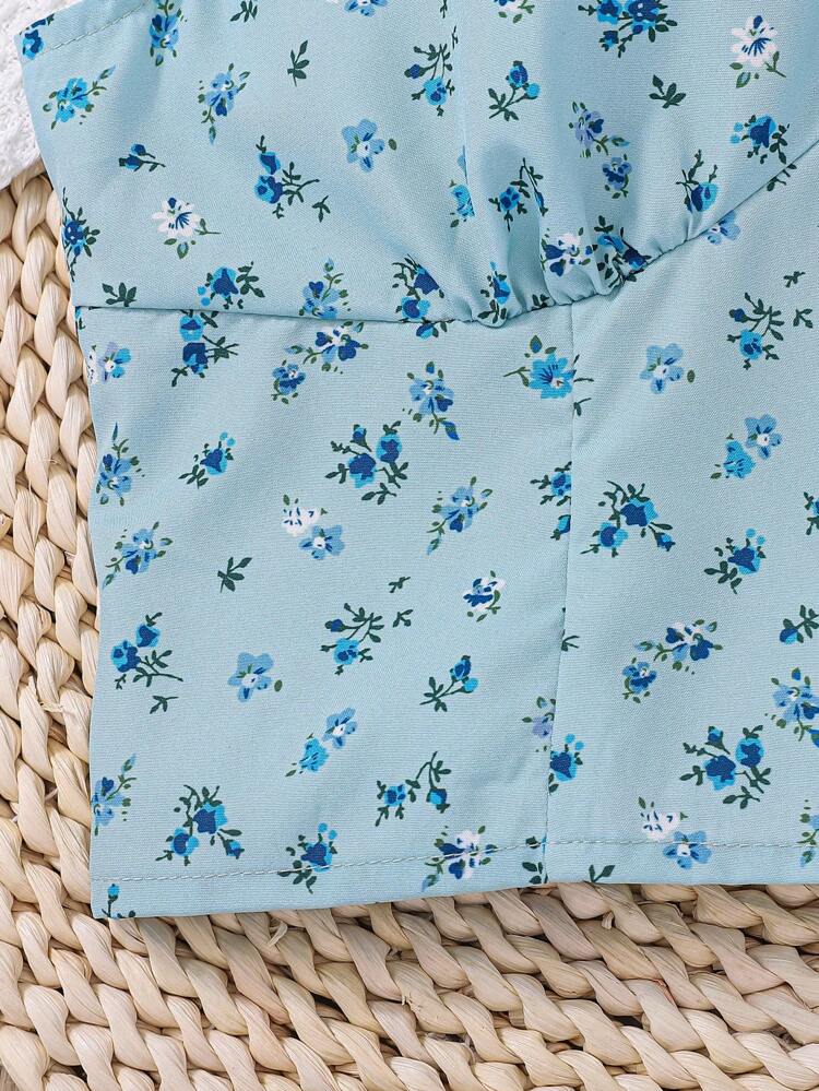 Teen Girls' Woven Floral Patchwork Lace Bowknot Puff Sleeve Blouse