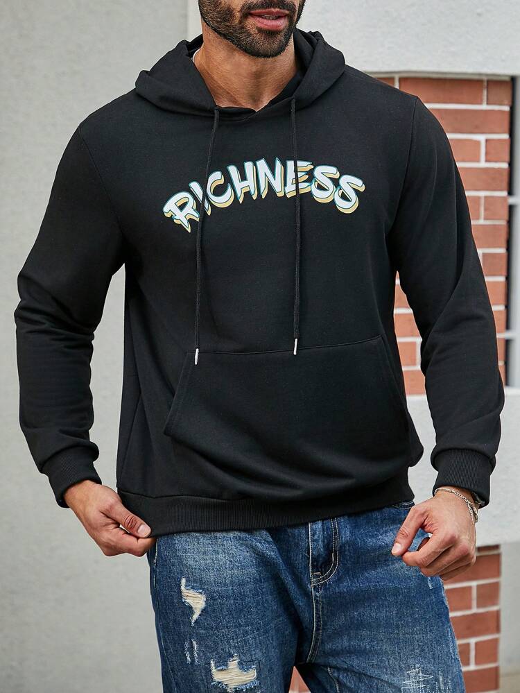Men Plus Letter Printed Hoodie With Kangaroo Pocket