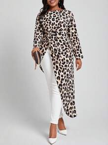 SHEIN Lady 女大尺碼豹紋扭結襯衫 - 彩色 - 查看 4