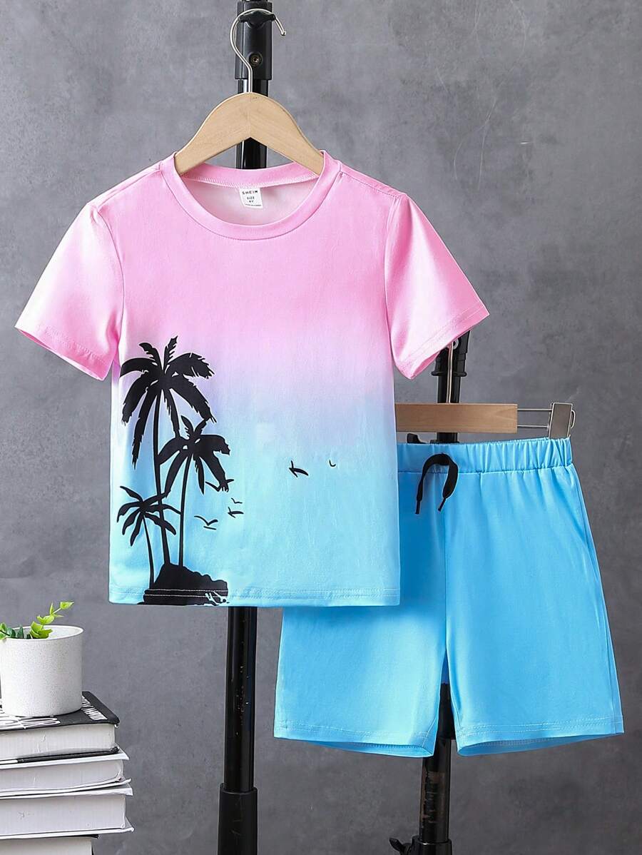 SHEIN 2 pièces Ensemble t-shirt et short imprimé tropical décontracté pour jeune garçon, tenue de vacances/d'été