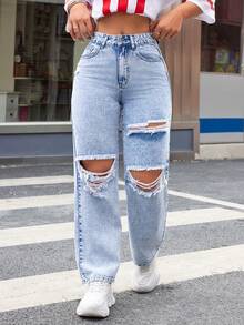 SHEIN ICON Women's Ripped Water Washed Denim Straight Leg Jeans - Light Wash - View 4