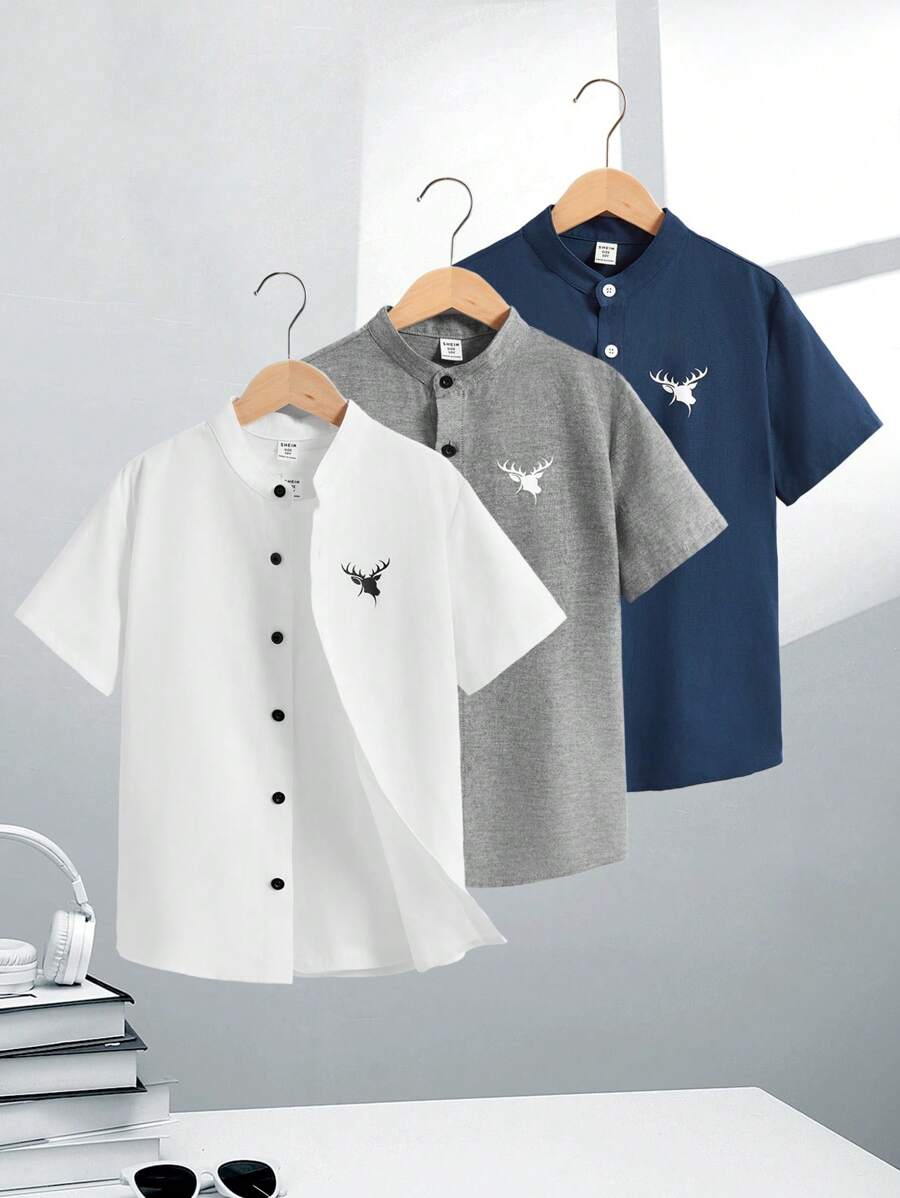 SHEIN 3pcs Tween Boys' Loose Fit Casual Stand Collar Woven Short Sleeve Shirt Set, School, Campus, College