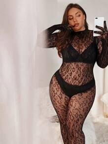 大码性感豹纹露背无缝连体衣，配手套，音乐节 - 黑色 - 查看 4