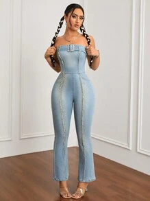SHEIN ICON Off-shoulder Denim Áo liền quần Với Pháo sáng Chân , Phong cách Vintage Và Denim mùa giặt - Rửa trung bình - Xem 6