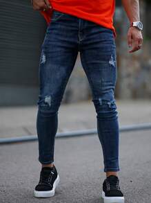 Men Ripped Frayed Skinny Jeans - Dark Wash - View 1
