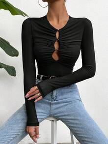 SHEIN Essnce Women's Hollow Out & Pleated Slim Fit T-Shirt - Black - View 5