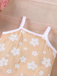 SHEIN 女婴花朵图案印花舒适可爱连体短袖套装，适合日常穿着、休闲和优雅场合。 - 紫色 - 查看 3