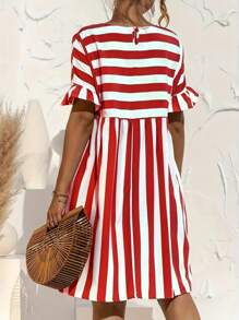 Women's Striped Peter Pan Collar Dress - Red - View 2