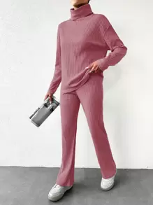 Cloudara Solid Color Turtleneck Top And Pants Set - Pink - View 3