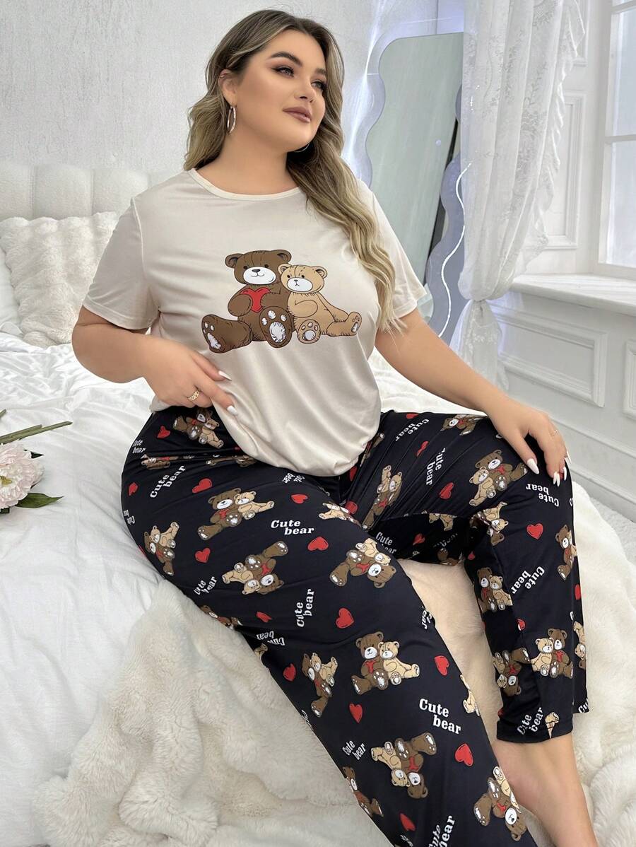Ensemble de pyjama casual à manches courtes et pantalon imprimé ours pour femmes grande taille - Multicolore - Voir 1
