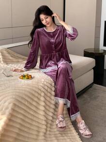 DAZY Velvet Splicing Lace Pajamas Set - Purple - View 1