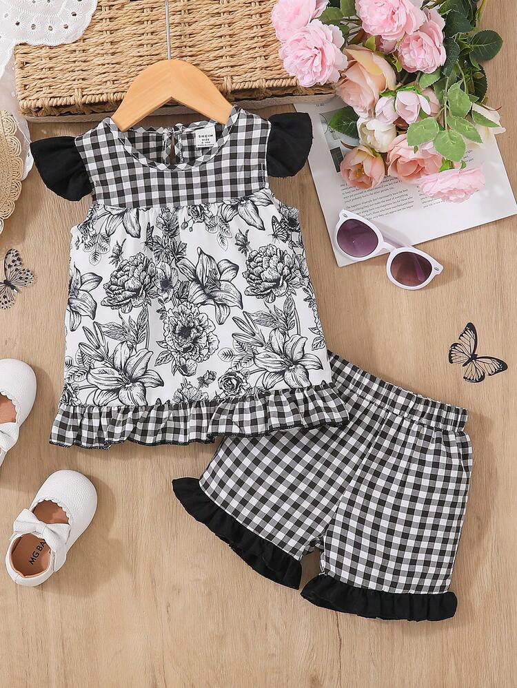 Baby Girls' Elegant Plaid Patchwork Floral Pattern Printed Short Sleeve Top And Shorts Set