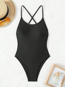 Swim SXY Bộ đồ bơi liền thân hở lưng màu trơn dành cho nữ, dành cho lễ hội âm nhạc, kỳ nghỉ hè ở bãi biển - màu đen - Xem 3