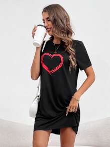 SHEIN LUNE 黑色基本款紅色心形印花女裝連衣裙 - 黑色 - 查看 5