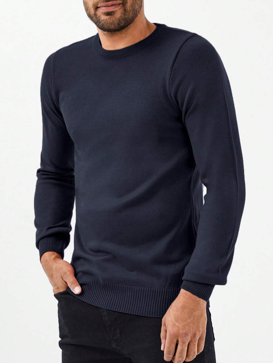 RueChic Men'S Round Neck Long Sleeve Sweater - Navy Blue - View 1