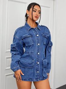 SHEIN ICON Chaqueta Vaquera Con Botones Delanteros Y Bolsillo Para Mujer - Azul lavado medio - Ver 3