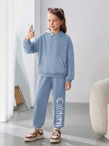 Cô gái Tween Giải trí Dệt kim Lỏng lẻo Áo nỉ có mũ Và Quần Trang phục trên phố Bộ - Màu xanh nhạt - Xem 3