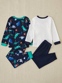 4入組新款適合幼童男孩的可愛恐龍印花長袖和長褲睡衣套裝,舒適柔軟 - 彩色 - 查看 2