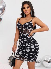 Zolique Vestido De Tirantes De Mujer Con Corazones Impresos Y Pliegues Ajustado Al Cuerpo - Blanco y Negro - Ver 7